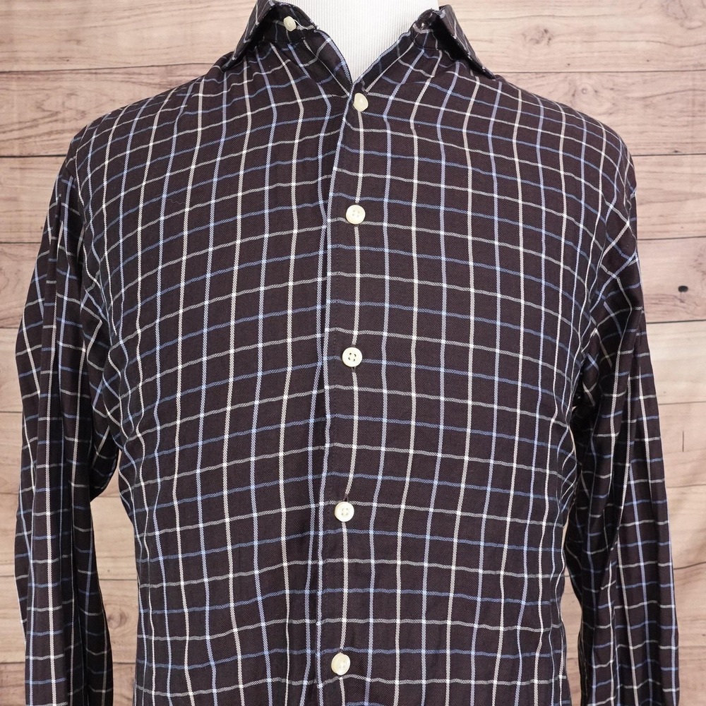 Burma Bibas Dress Shirt Mens 16 34/35 Slim Fit Brown Check Twill Long Sleeve